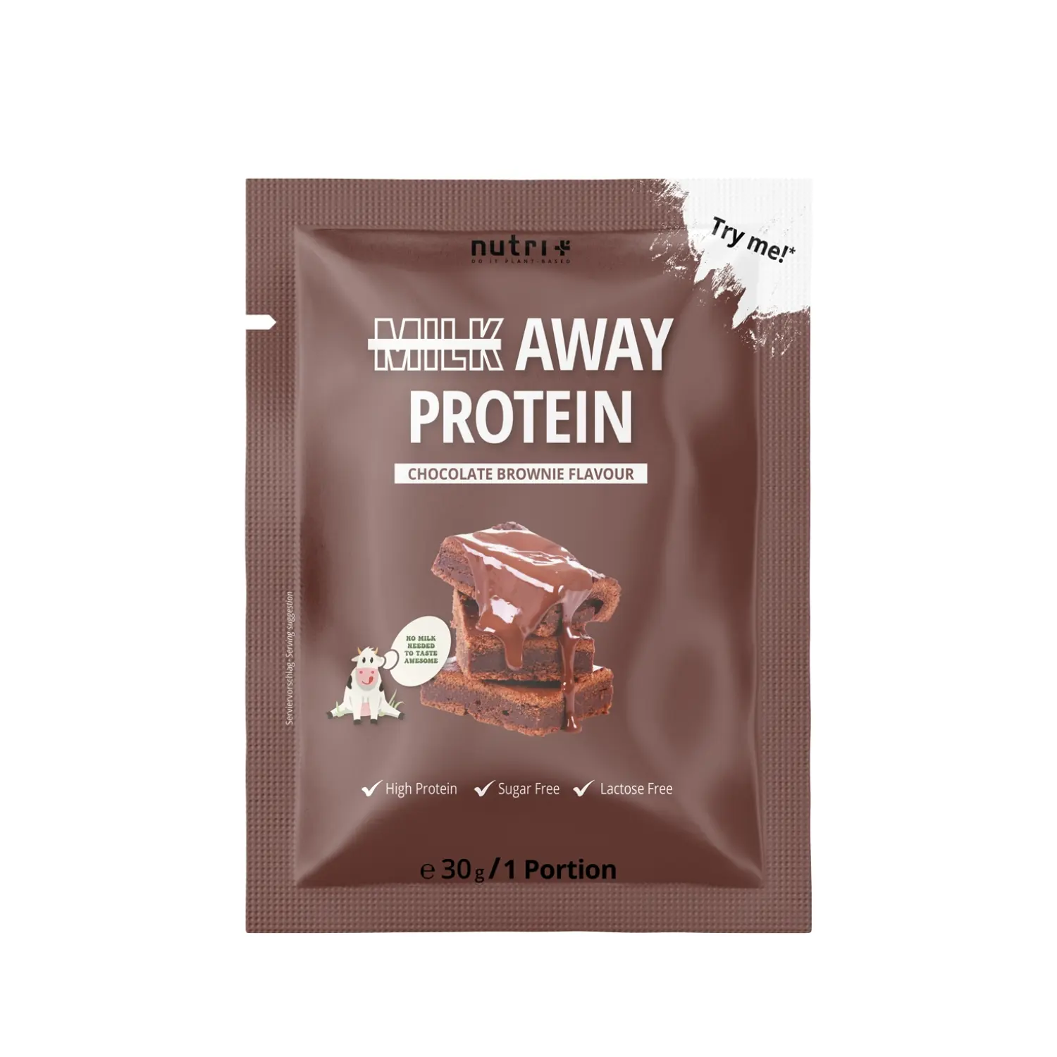 Probe Milk Away Protein Chocolate Brownie: Einzelportion in schokoladiger Brownie-Optik auf der Verpackung.
