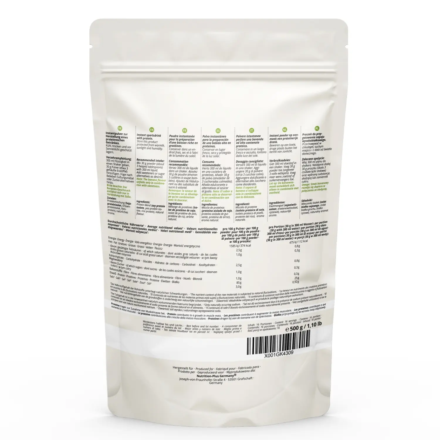 Rückansicht der Verpackung von Vegan Natures Proteinpulver Banana mit Nährwertangaben und Inhaltsstoffen.