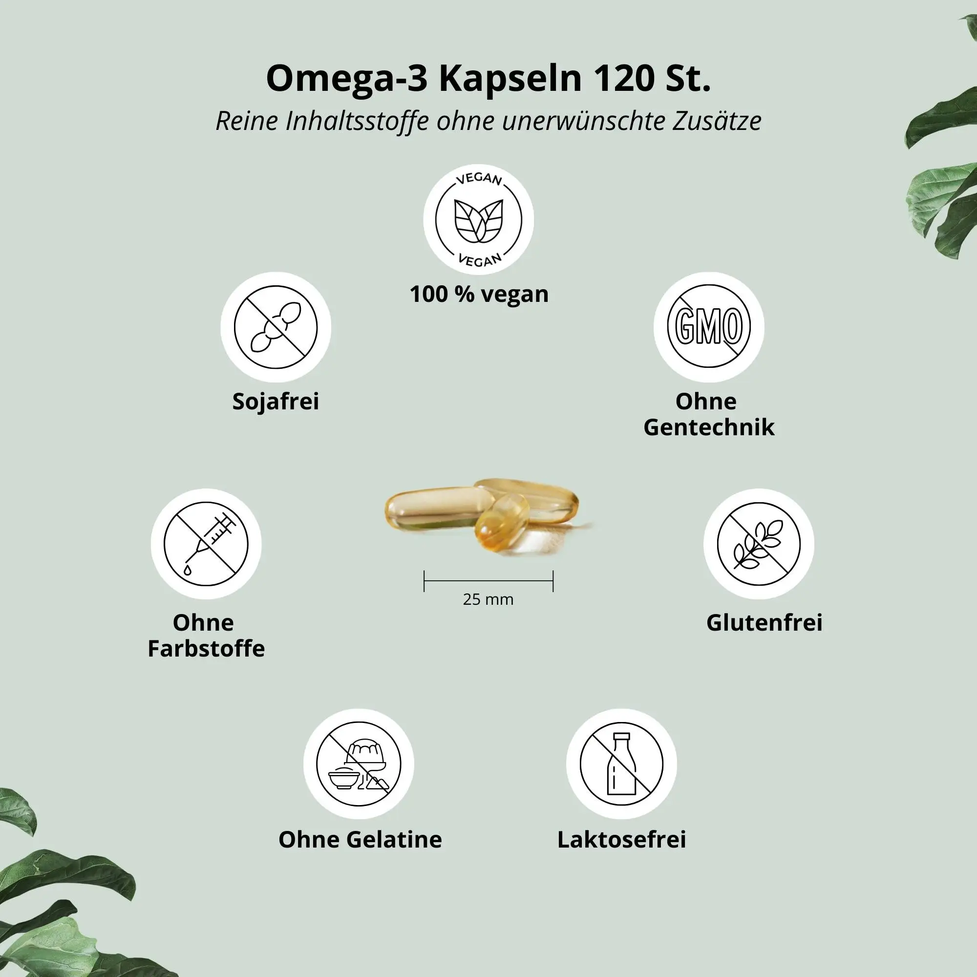 Omega 3 Vegan Kapseln mit EPA & DHA, 100% vegan, glutenfrei, ohne Gelatine und Farbstoffe.