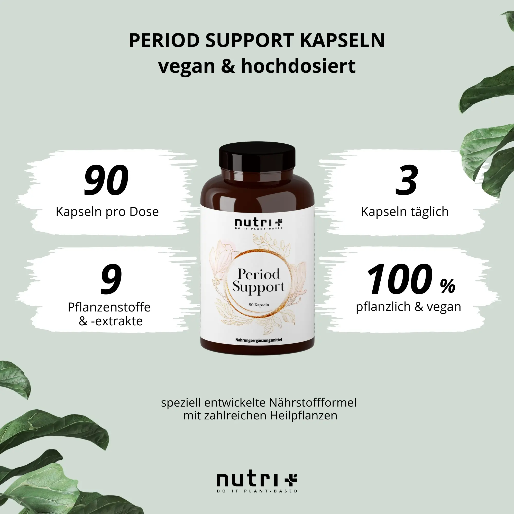 Period Support Kapseln: Flasche mit 90 veganen Kapseln und Informationen zu Inhaltsstoffen und Dosierung.