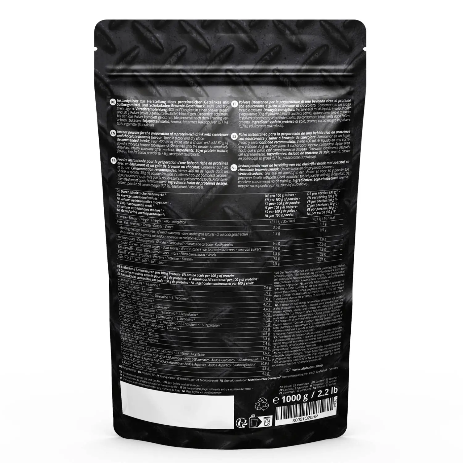 Rückseite der Verpackung von Phenomenal Protein Chocolate-Brownie mit Nährwertangaben und Zutatenliste.