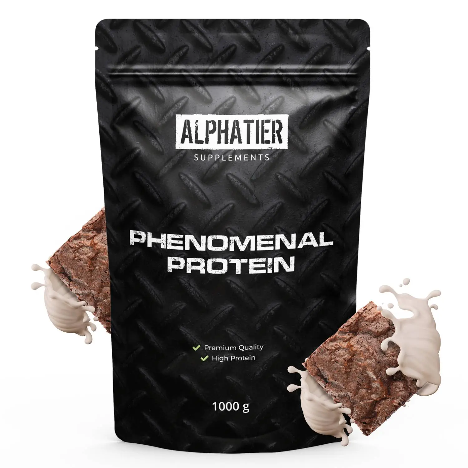 Verpackung von Phenomenal Protein Chocolate-Brownie in einem schwarzen Beutel mit Proteinriegeln.