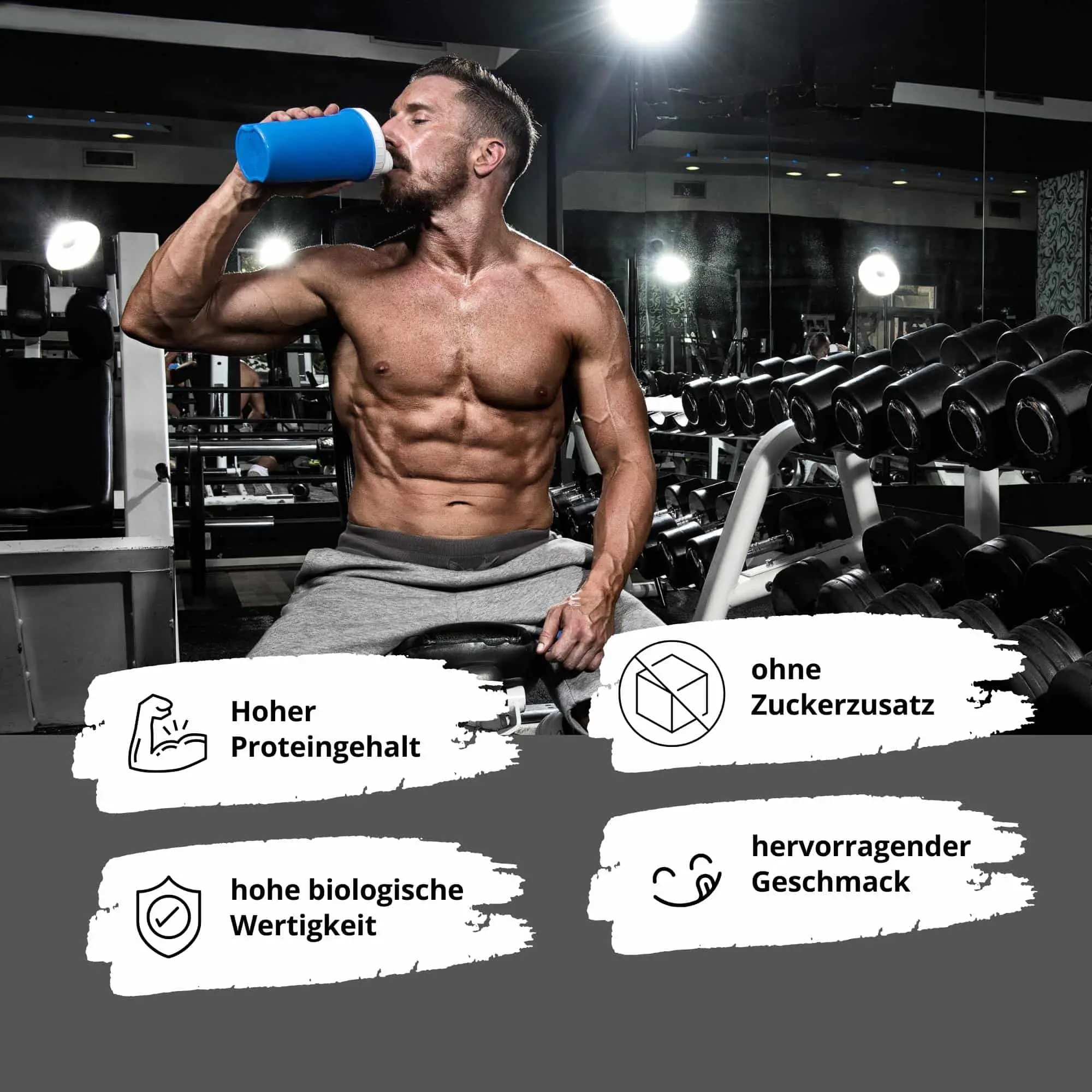 Fitness-Mann genießt Phenomenal Protein Cheesecake Lemon mit Informationsgrafiken zu Protein und Geschmack.