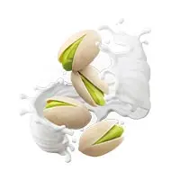 Pistazien in geschälter Form, umgeben von spritzender Milch für eine frische, appetitliche Darstellung.