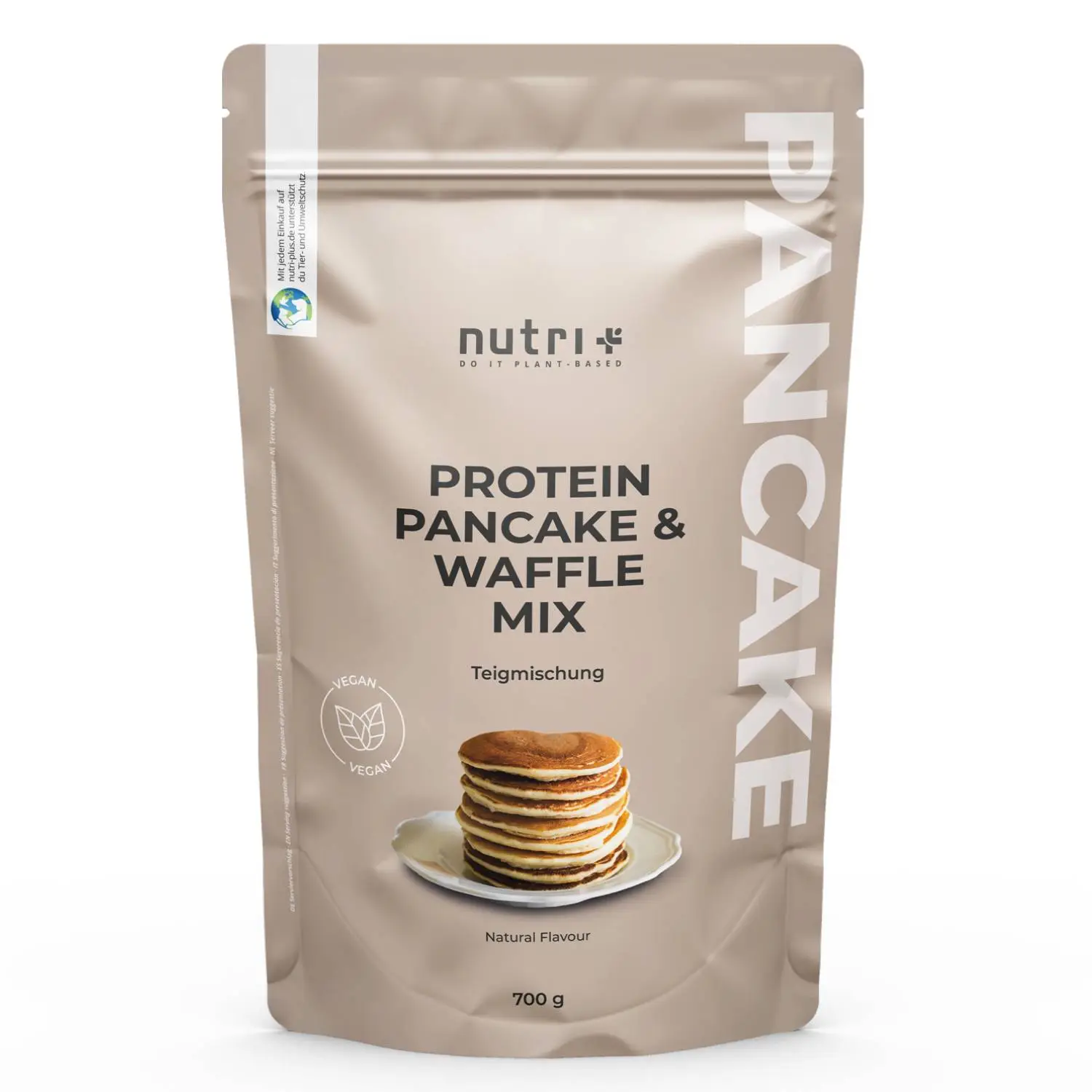 Verpackung des Vegan Protein-Pancakes & Waffle Mix Natural mit Stapel von Pfannkuchen.