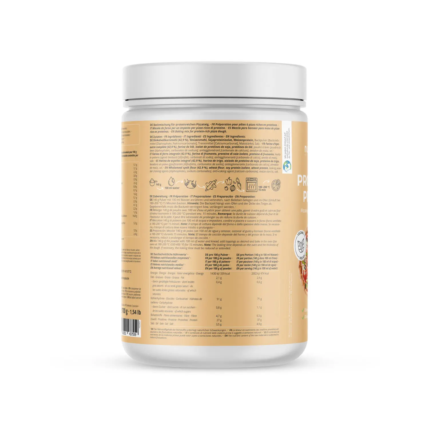 Rückansicht der Verpackung des Protein-Pizzateigs mit Nährwertinformationen und Zubereitungshinweisen.