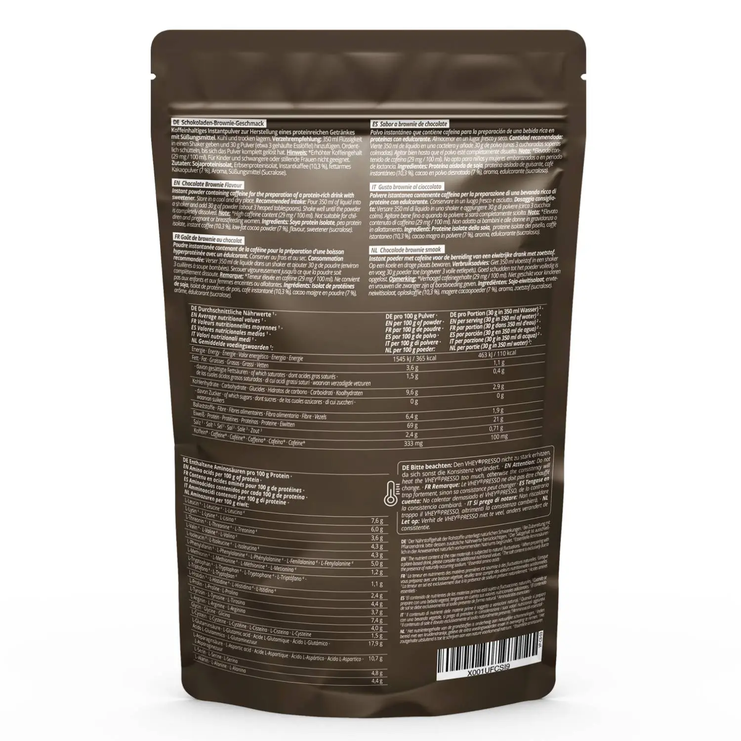 Rückansicht der Verpackung des VHEY®presso - Protein Iced Coffee Chocolate-Brownie mit Nährwertangaben.