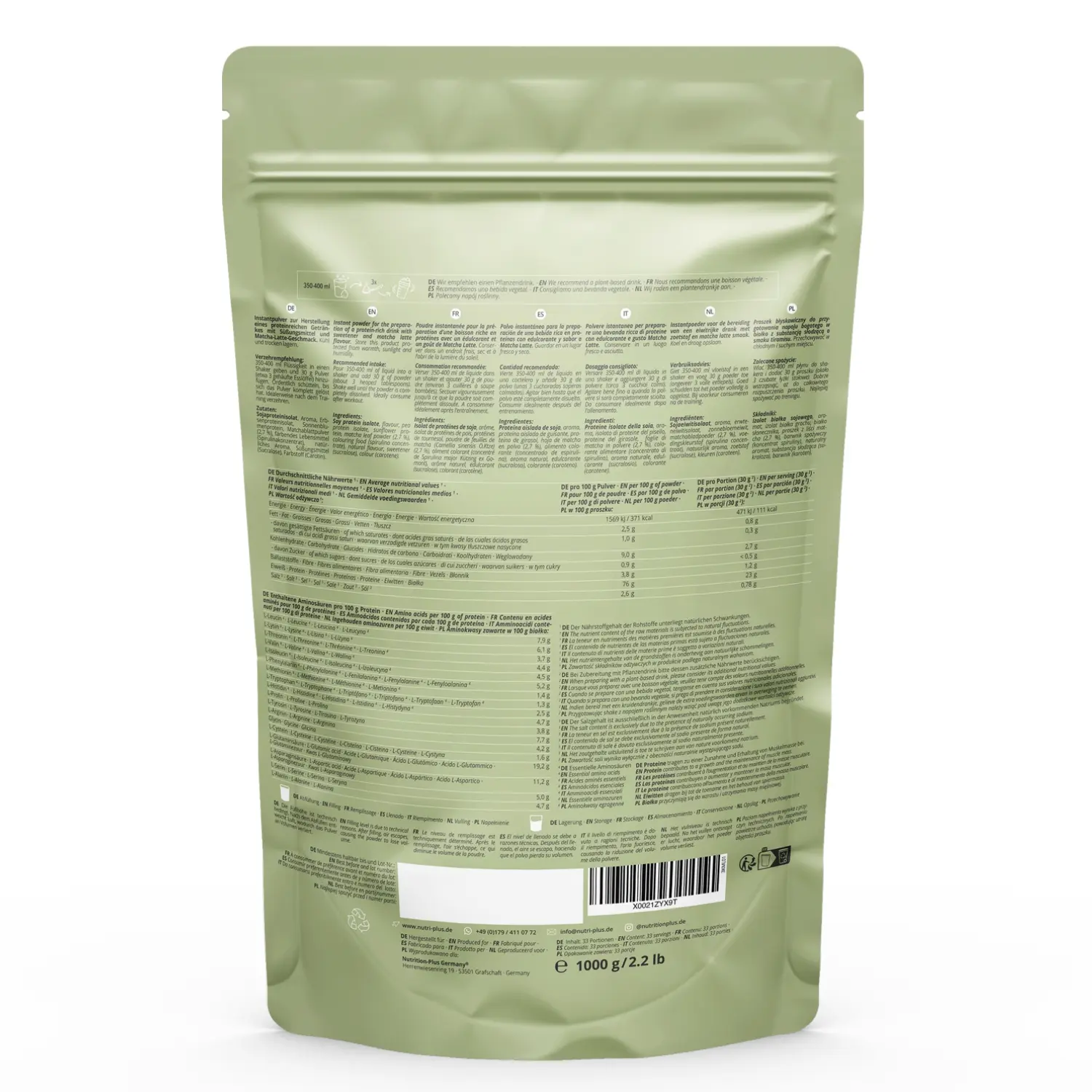 Rückansicht der Verpackung des Vegan 3K Proteinpulver Matcha Latte mit Nährwertangaben.