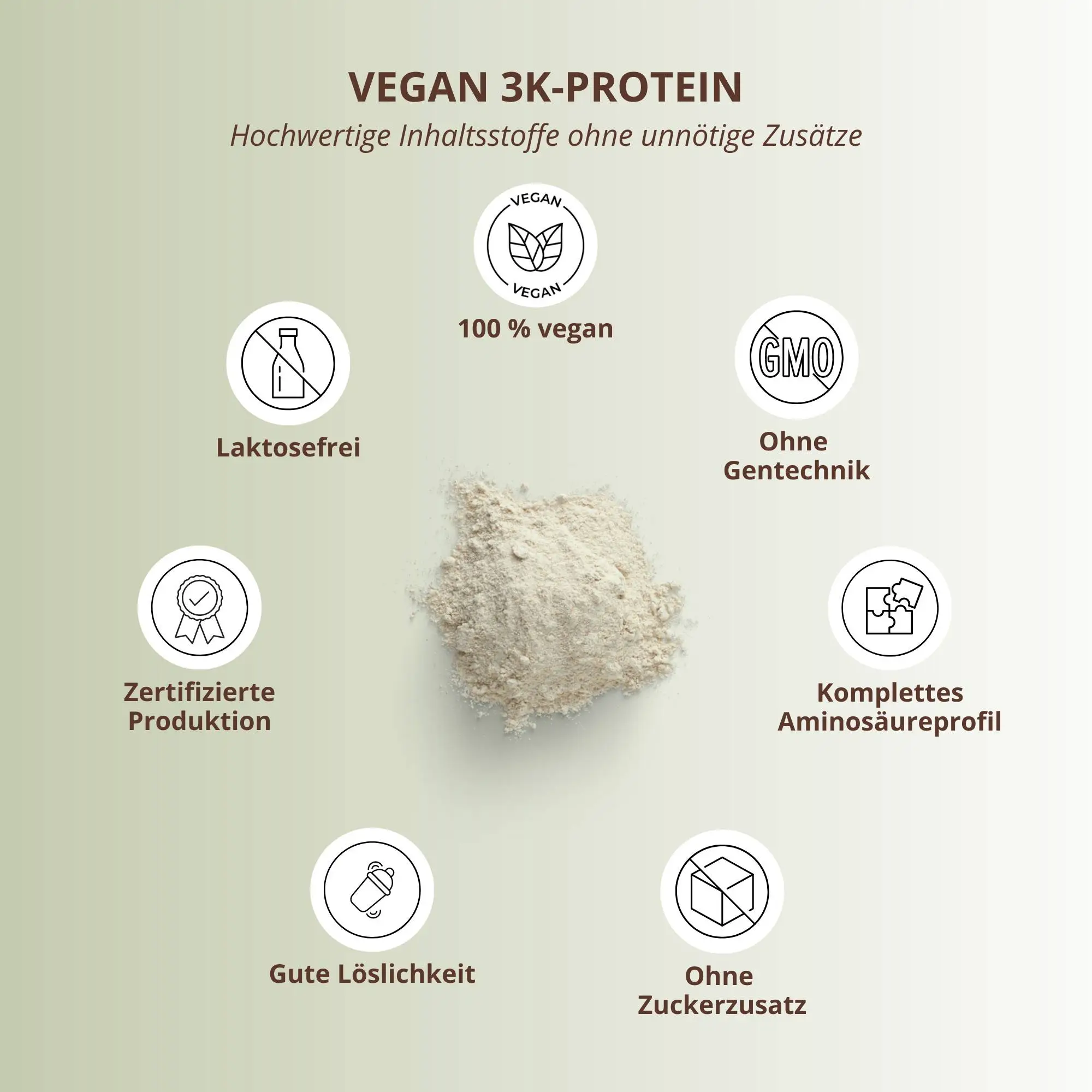 Vegan 3K Proteinpulver Matcha Latte mit Icons für vegane, laktosefreie und GMO-freie Inhaltsstoffe.