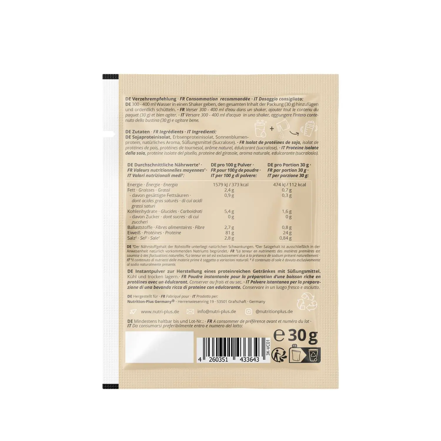 Rückseite der Vegan 3K Proteinpulver Probe Vanilla-Cream mit Nährwertangaben und Zubereitungshinweisen.