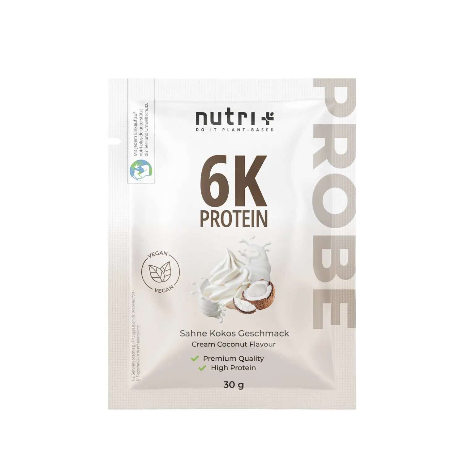 Probe des Vegan 6K Proteinpulvers mit Sahne-Kokos-Geschmack in einer 30g Packung.