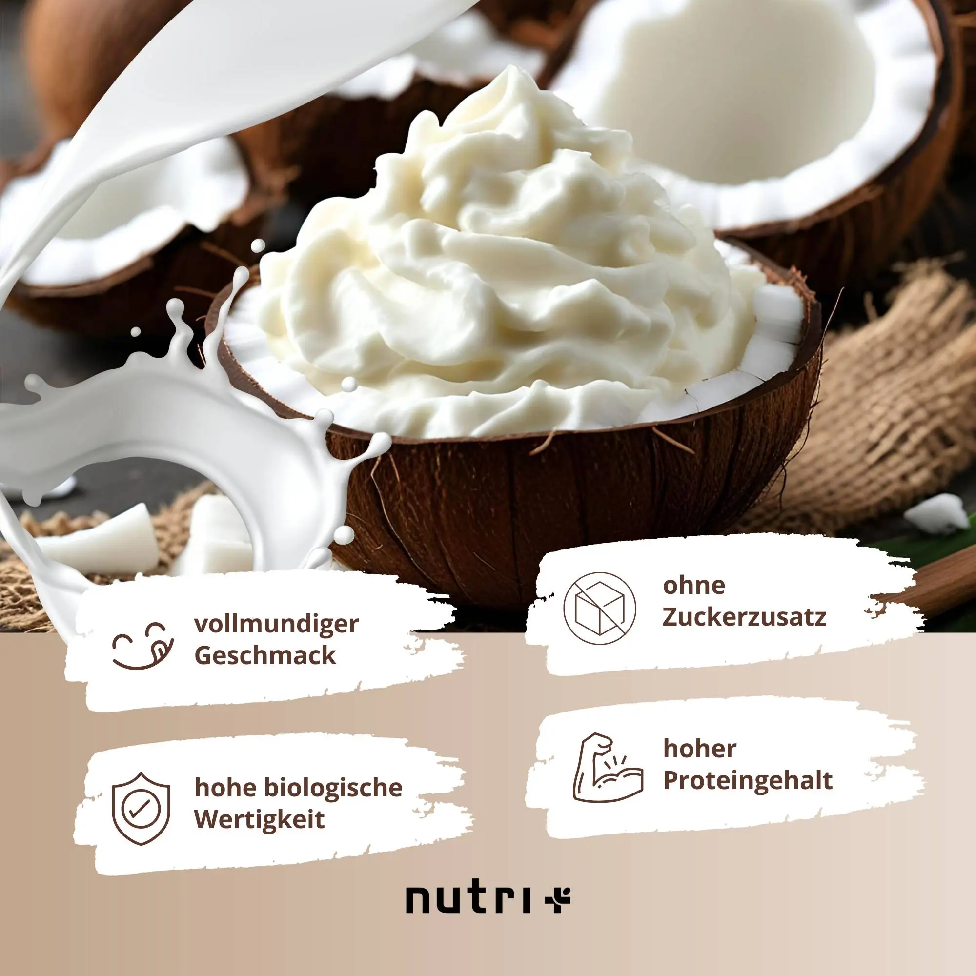 Vegan 6K Proteinpulver Probe in einer halbierten Kokosnuss mit Sahne-Kokos Geschmack und Nährwertinformationen.