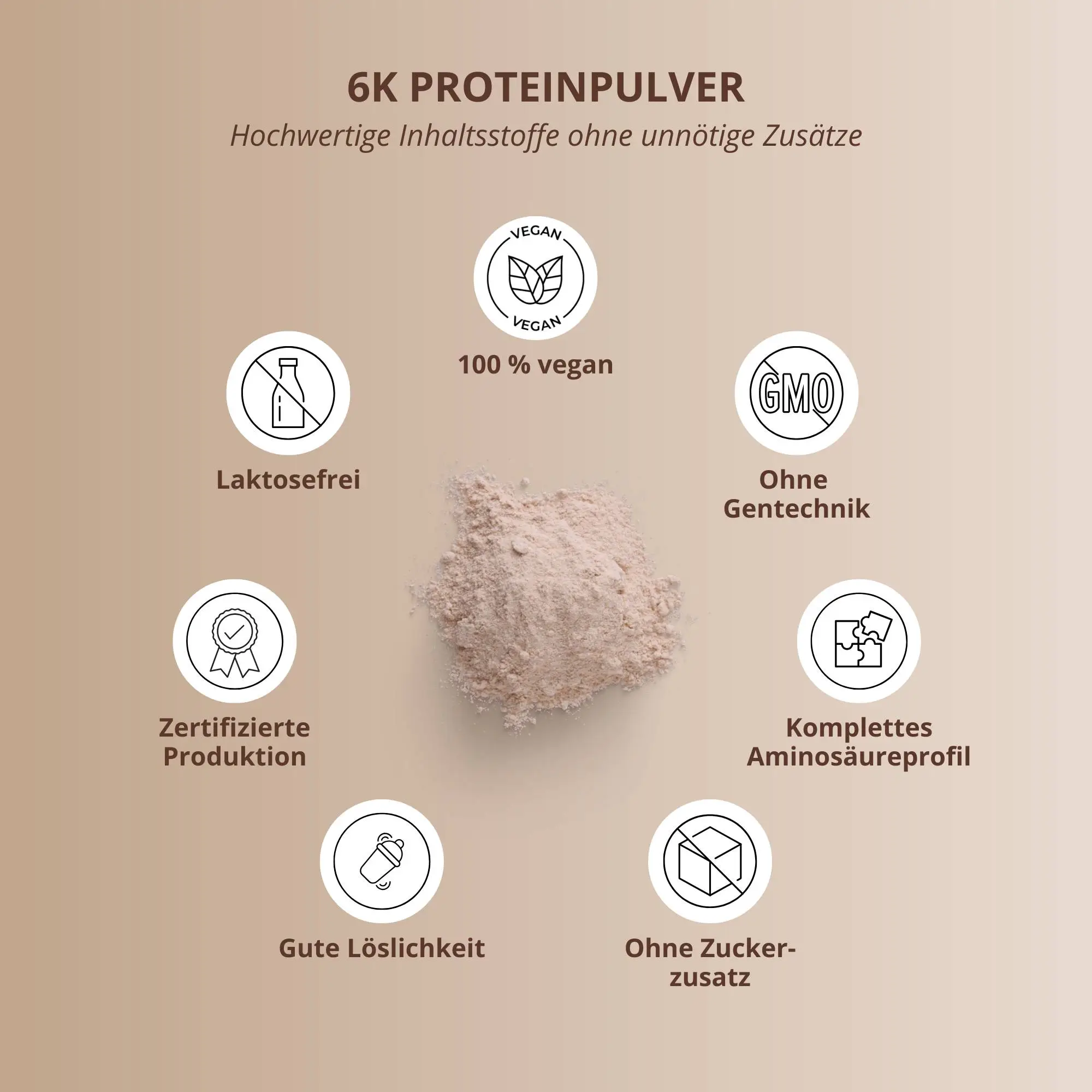 Vegan 6K Proteinpulver Probe Sahne-Kokos mit Symbolen für Qualität und Inhaltsstoffe wie vegan, laktosefrei und ohne Zuckerzusatz.