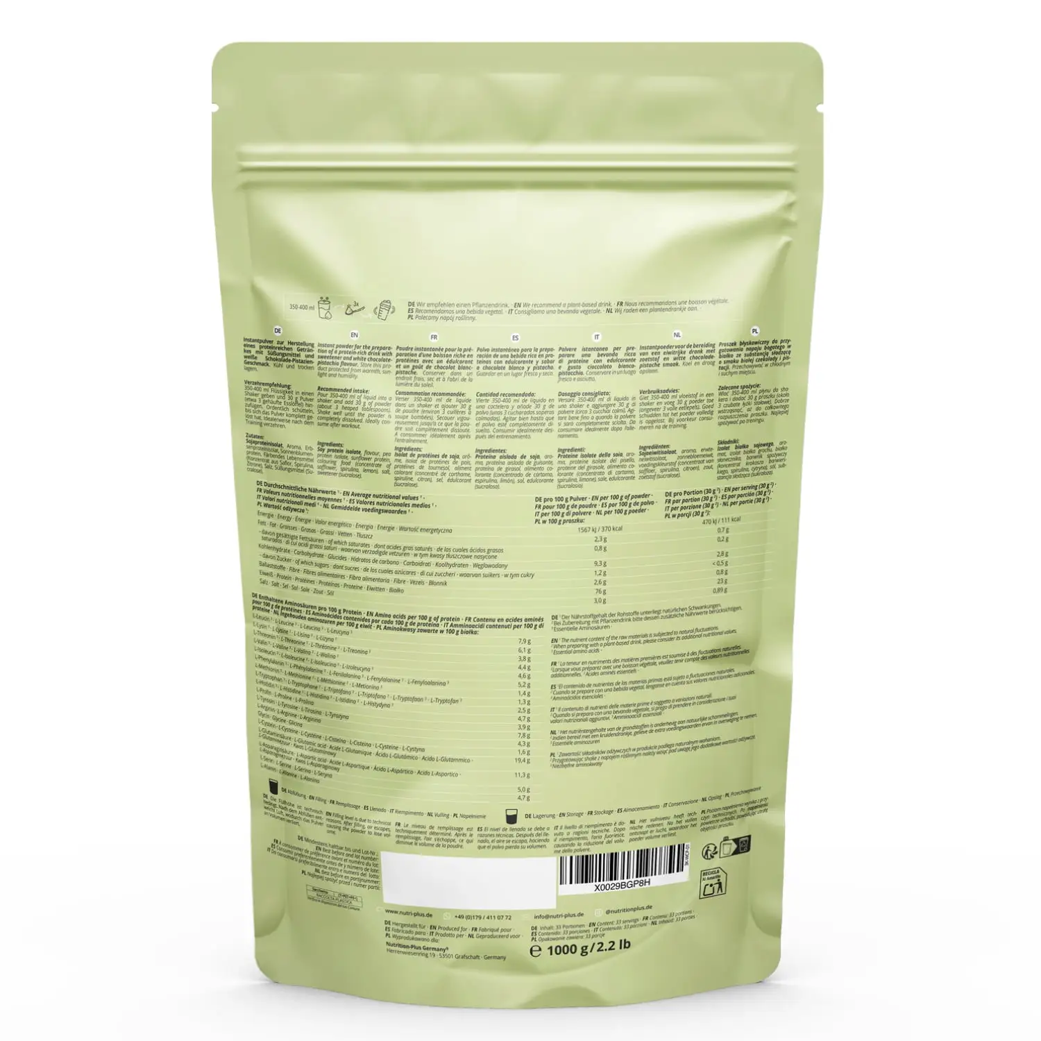 Rückansicht der Verpackung des Vegan 3K Proteinpulvers Weiße Schokolade Pistazie mit Nährwertangaben.