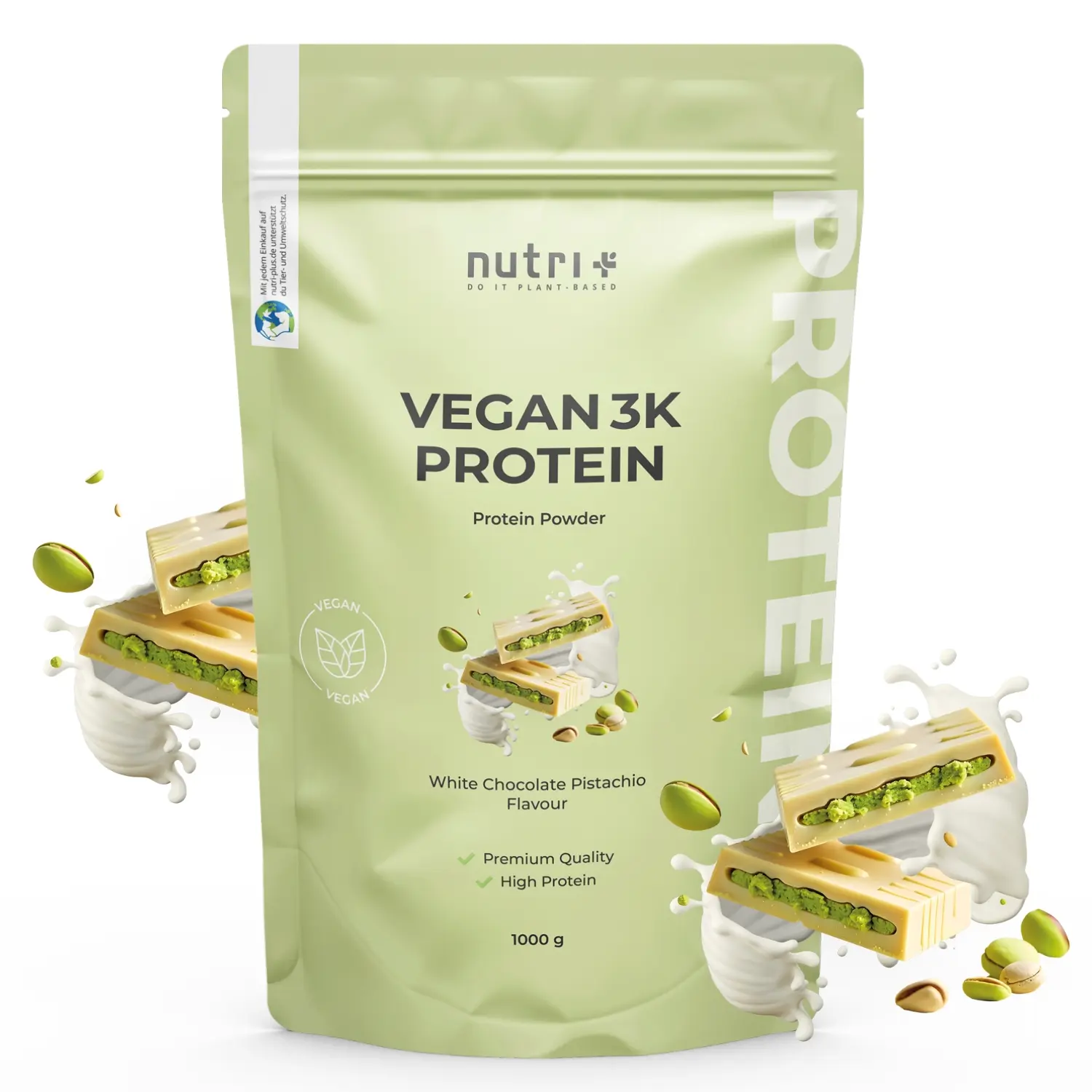 Verpackung des Vegan 3K Proteinpulvers in Geschmacksrichtung Weiße Schokolade Pistazie mit 1000g.