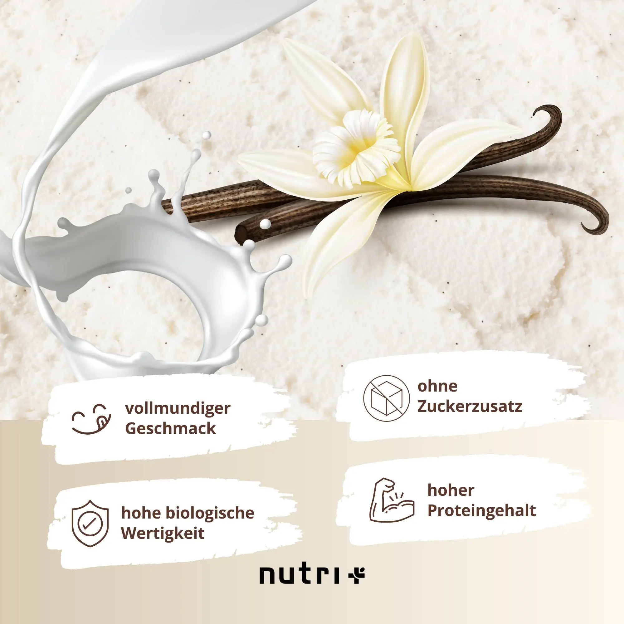 Vegan 3K Proteinpulver Vanilla-Cream mit Milchspritzer, Vanilleschoten und Zusatzinformationen.