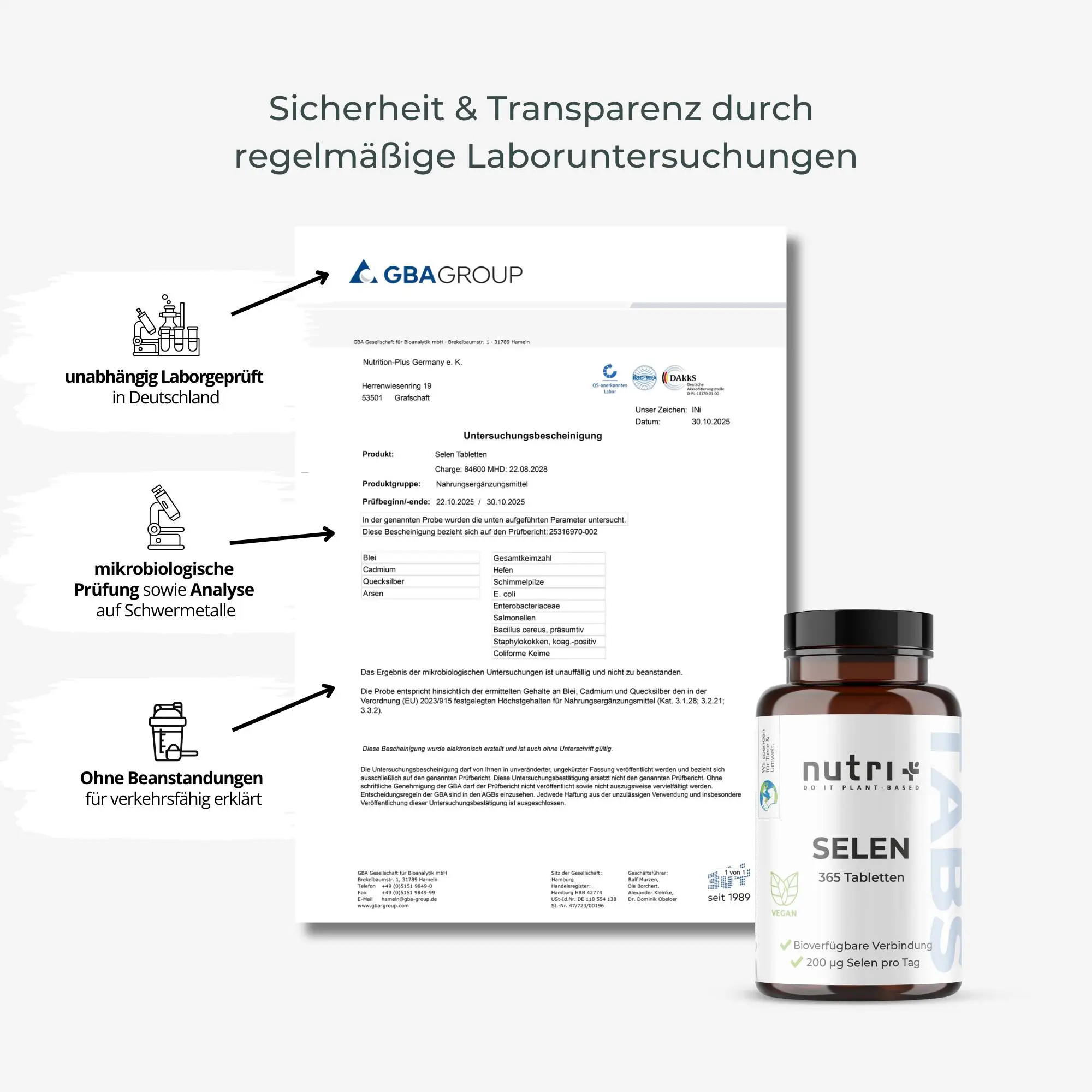 Selen Tabletten: Flasche mit Prüfbericht für Sicherheit und Transparenz bei Laboruntersuchungen.