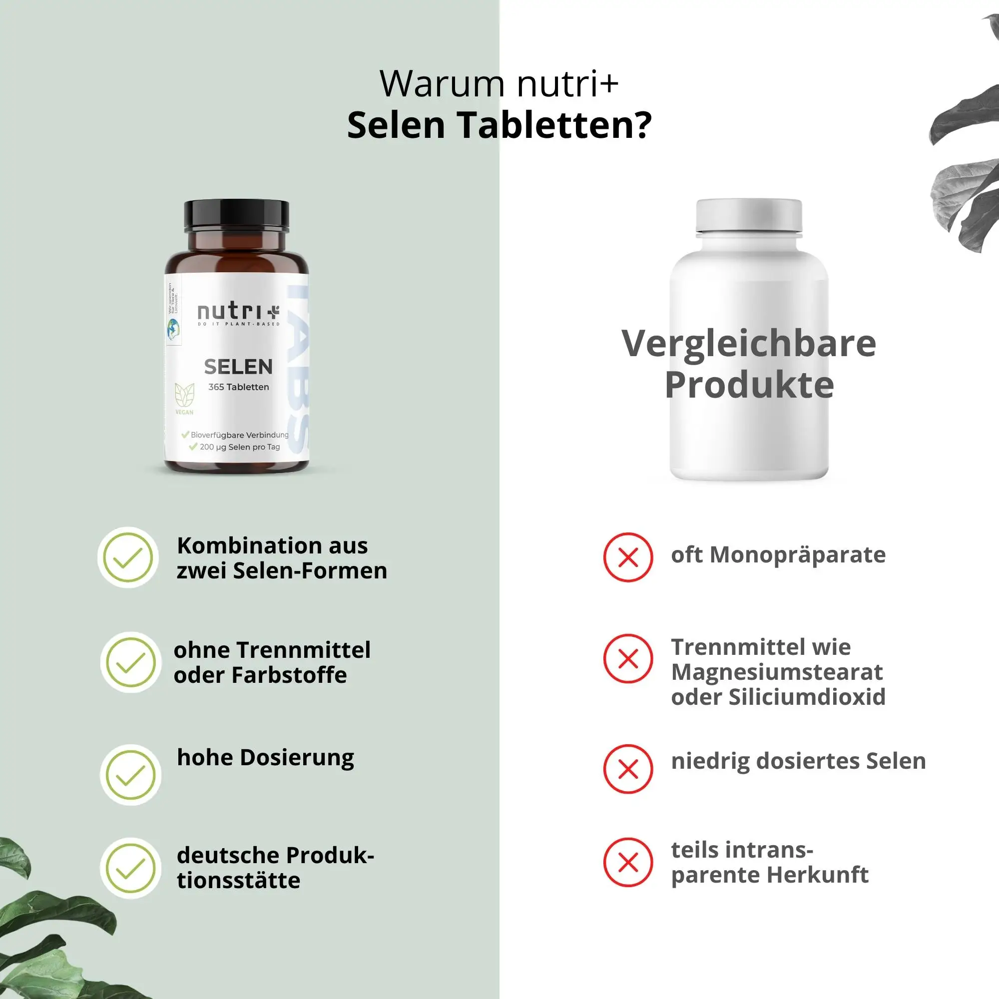 Flasche mit nutri+ Selen Tabletten, Beschreibung der Vorteile und Anwendungshinweise.