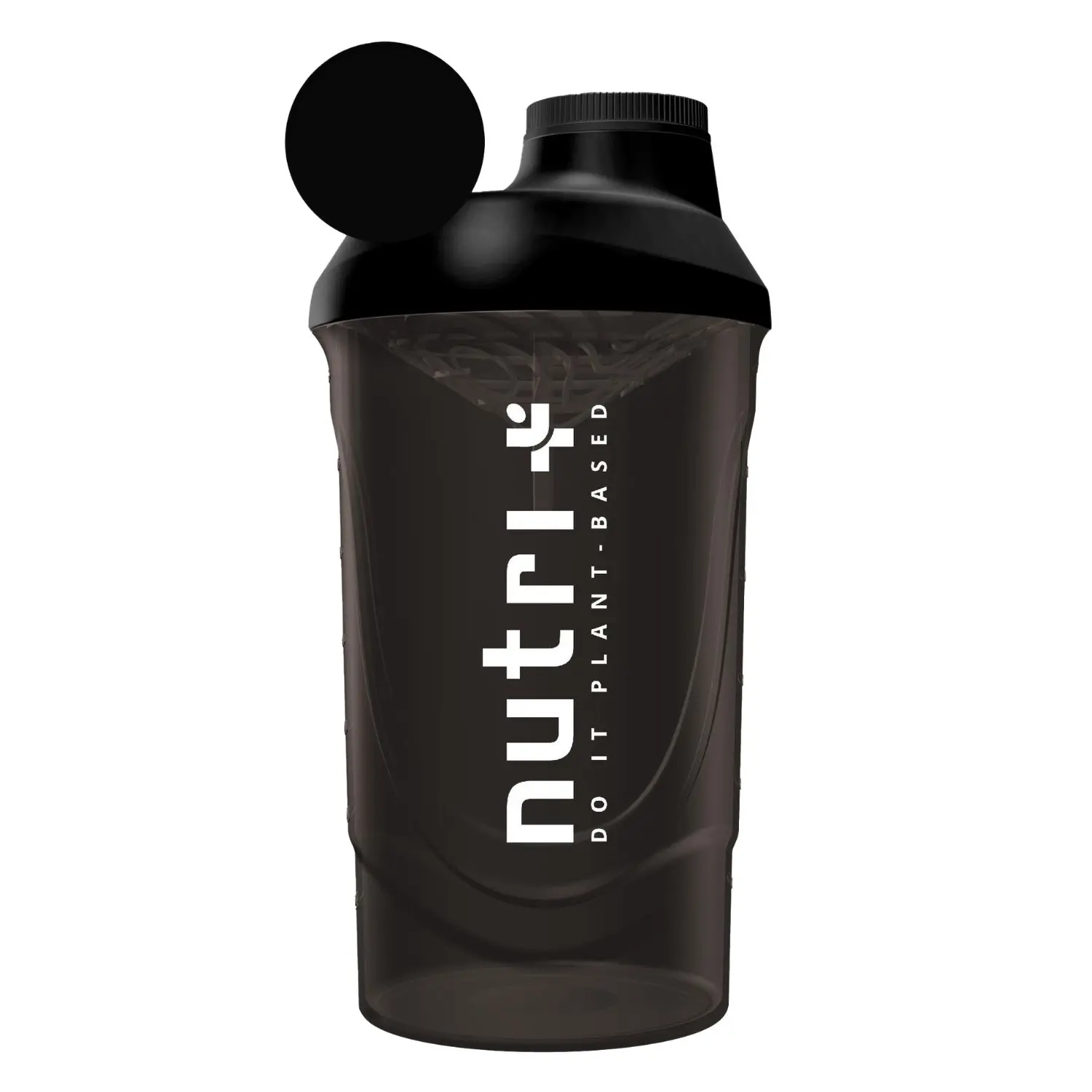 Shaker nutri+ (black-smoked) in transparent Schwarz mit schwarzem Deckel für pflanzliche Proteinmixes.