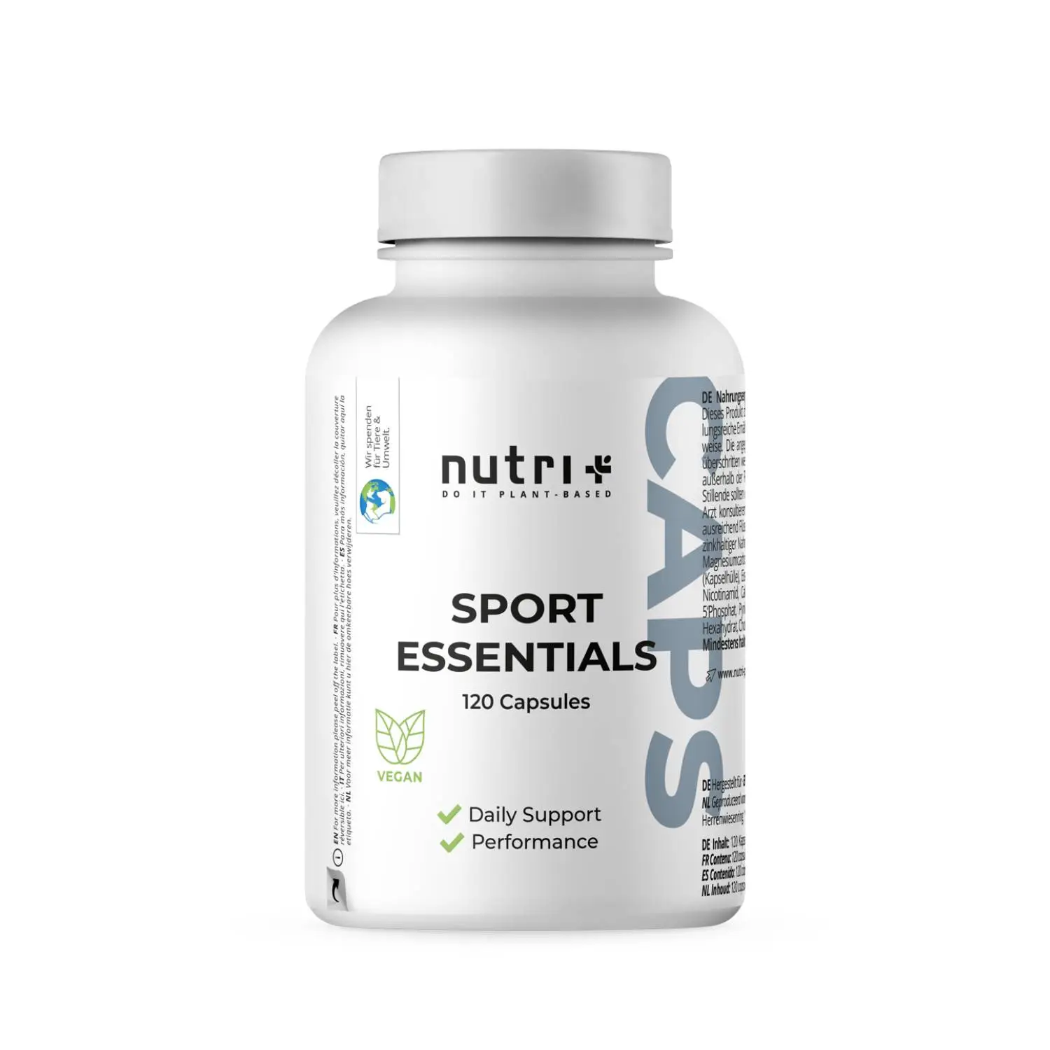 Flasche Sport Essentials mit 120 veganen Kapseln für tägliche Unterstützung und bessere Regeneration nach dem Sport.