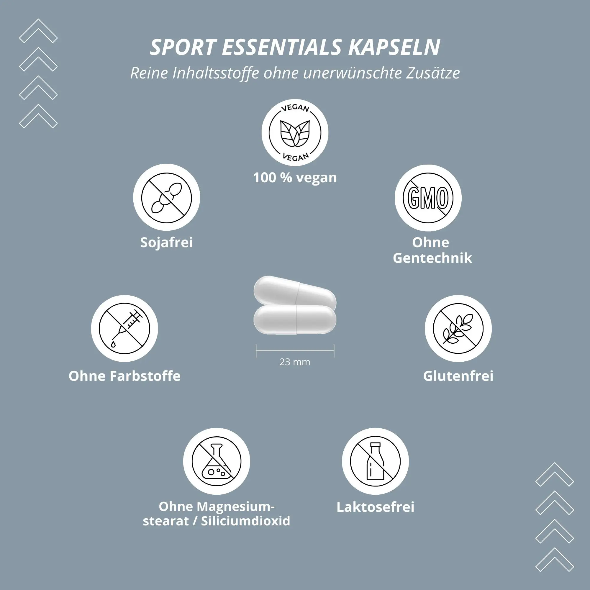 Kapseln von Sport Essentials mit veganen Inhaltsstoffen, ohne Gentechnik, Soja und Farbstoffe.