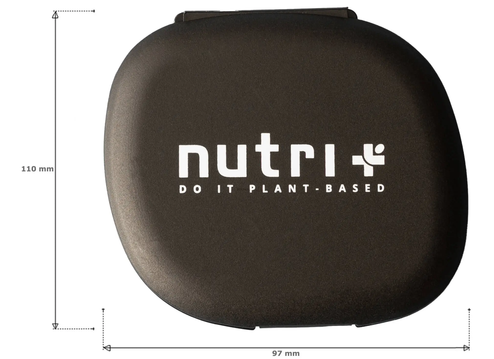 Oberansicht der Kapsel- & Tablettendose in Schwarz mit nutri-Logo, Maß 110 mm x 97 mm.