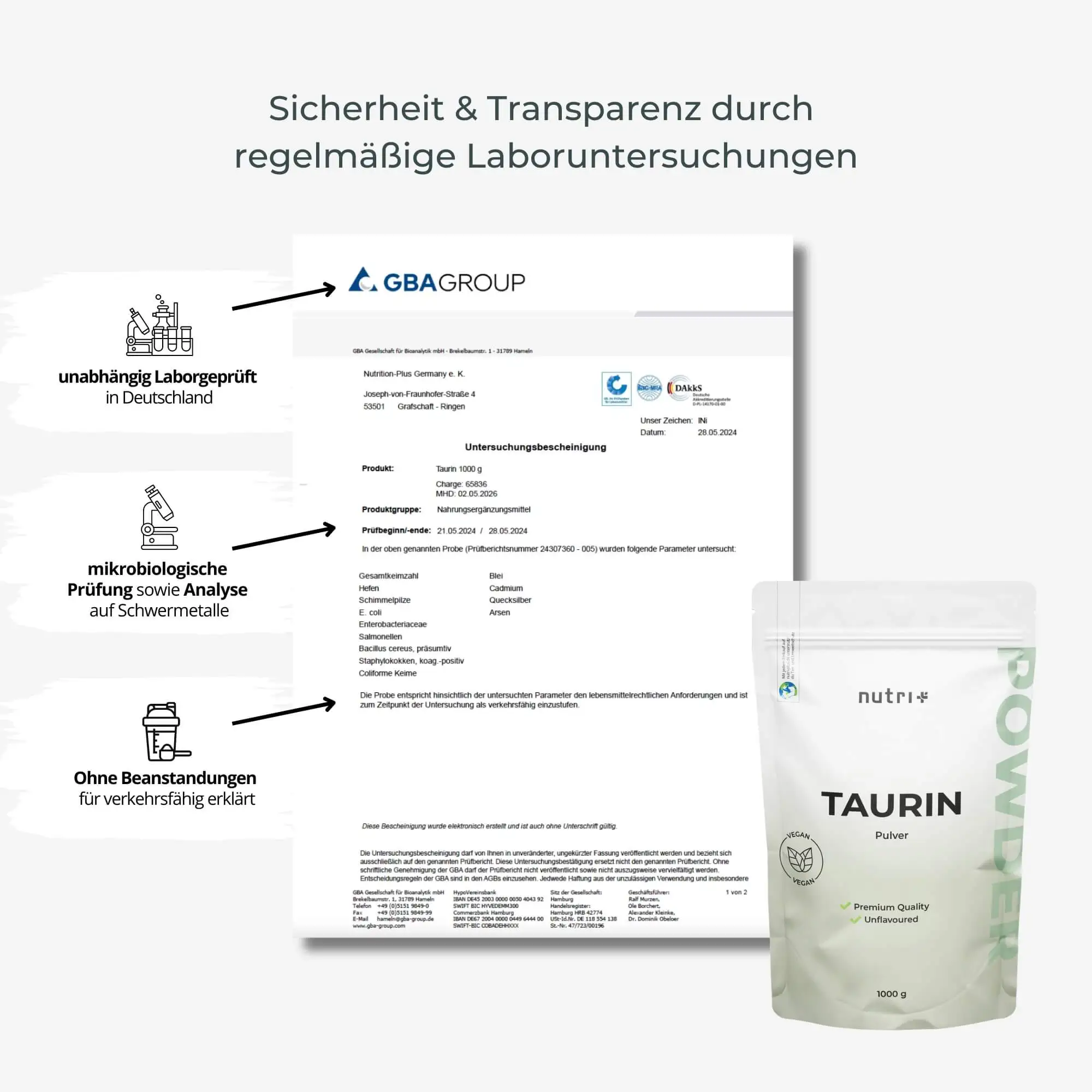 Taurin Pulver von nutri+ in einer Verpackung mit Laborprüfzertifikat für Sicherheit und Transparenz.