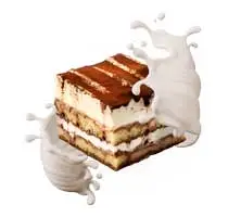 Leckeres Tiramisu mit Mascarpone und Kakaopulver, umgeben von spritzender Sahne.