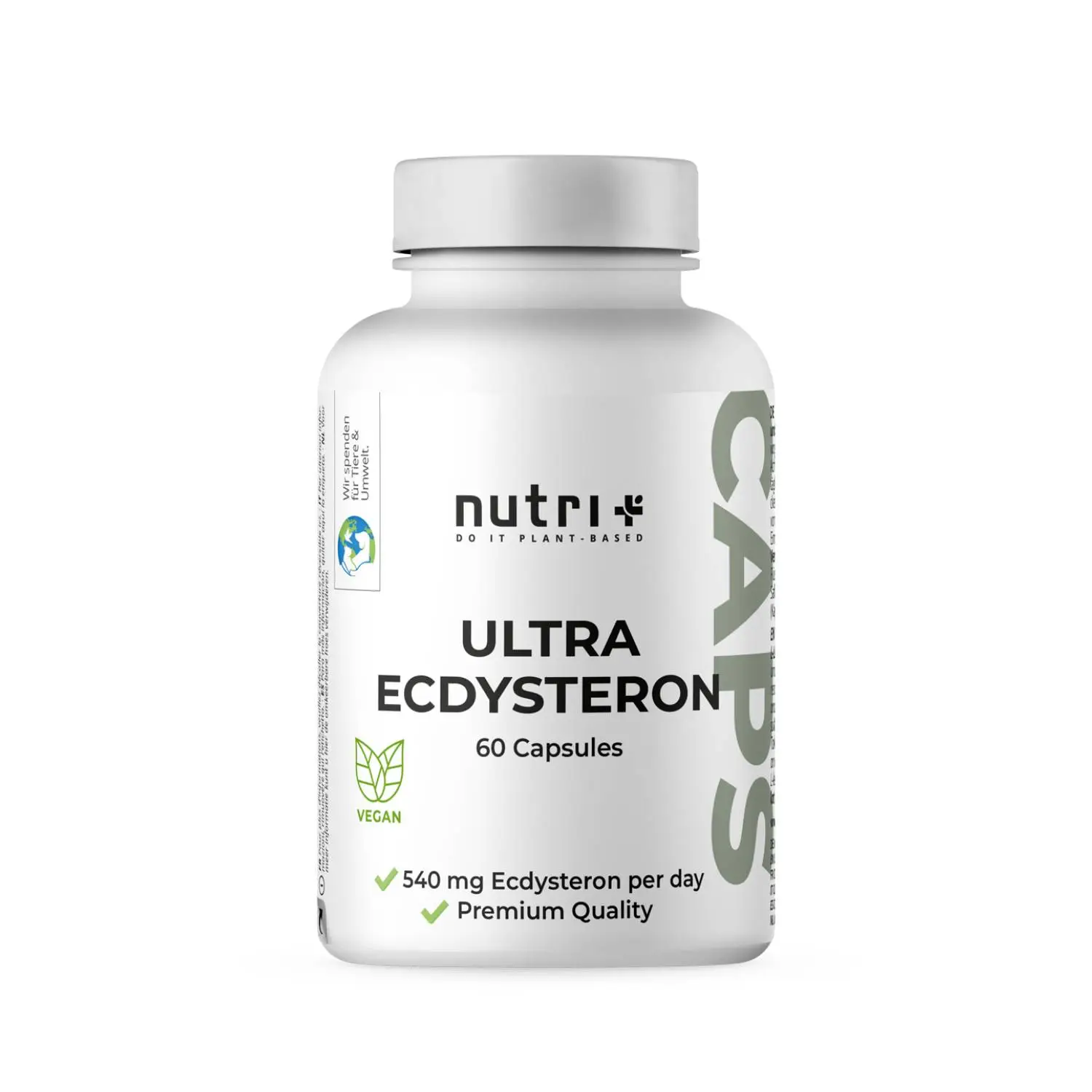 Flasche mit Ultra Ecdysteron Kapseln + Leucin, 60 vegane Kapseln mit 540 mg Ecdysteroid pro Tag.