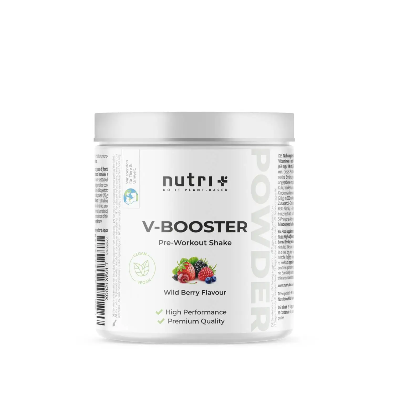 V-Booster Pre-Workout Shake Wild Berry in einer weißen Verpackung mit bunten Beerengrafiken.