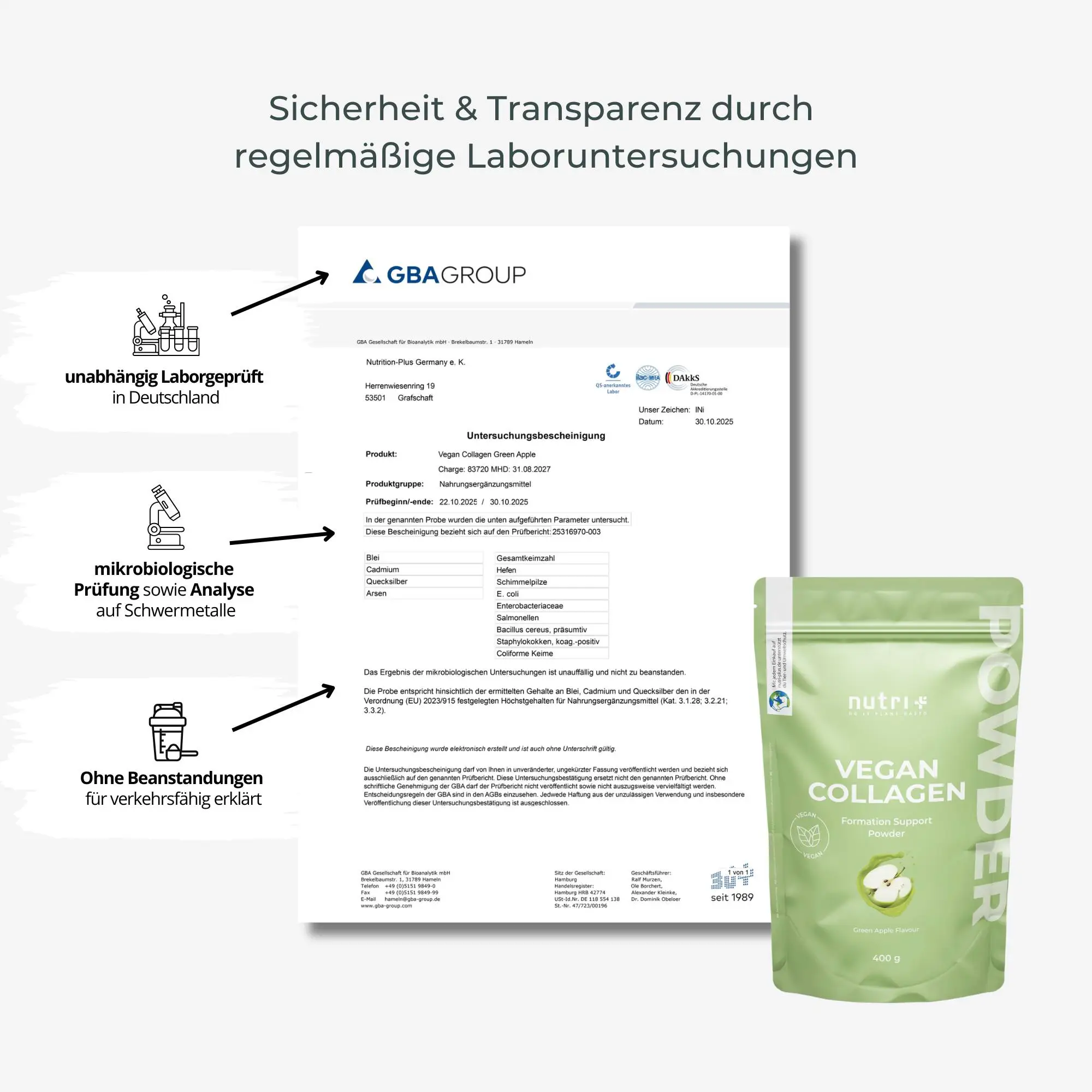 Zertifikat und Verpackung von Vegan Collagen Formation Support Pulver Green Apple mit Information zur Laborsicherheit.