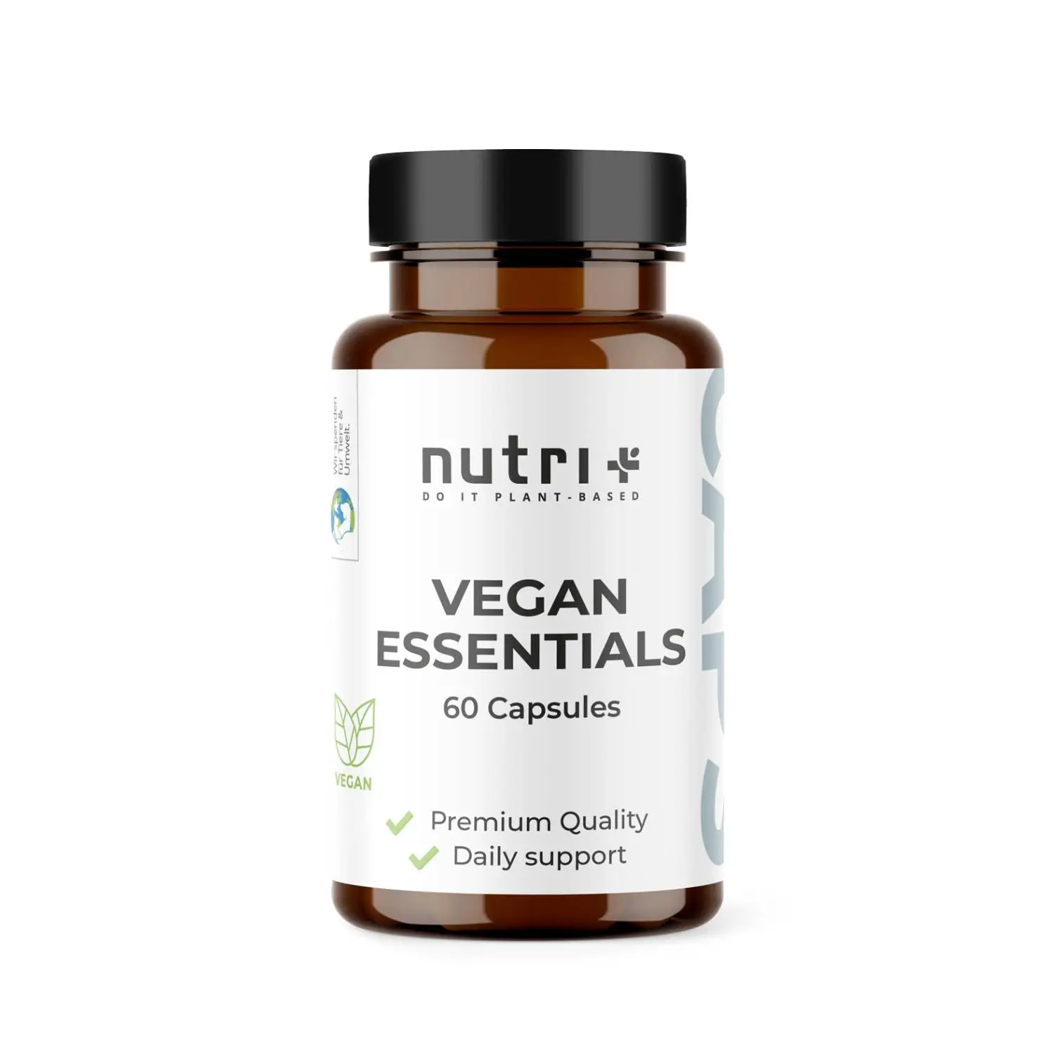 Vegan Essentials Kapseln: 60 Kapseln in braunem Fläschchen für vegane Ernährung und tägliche Nährstoffversorgung.