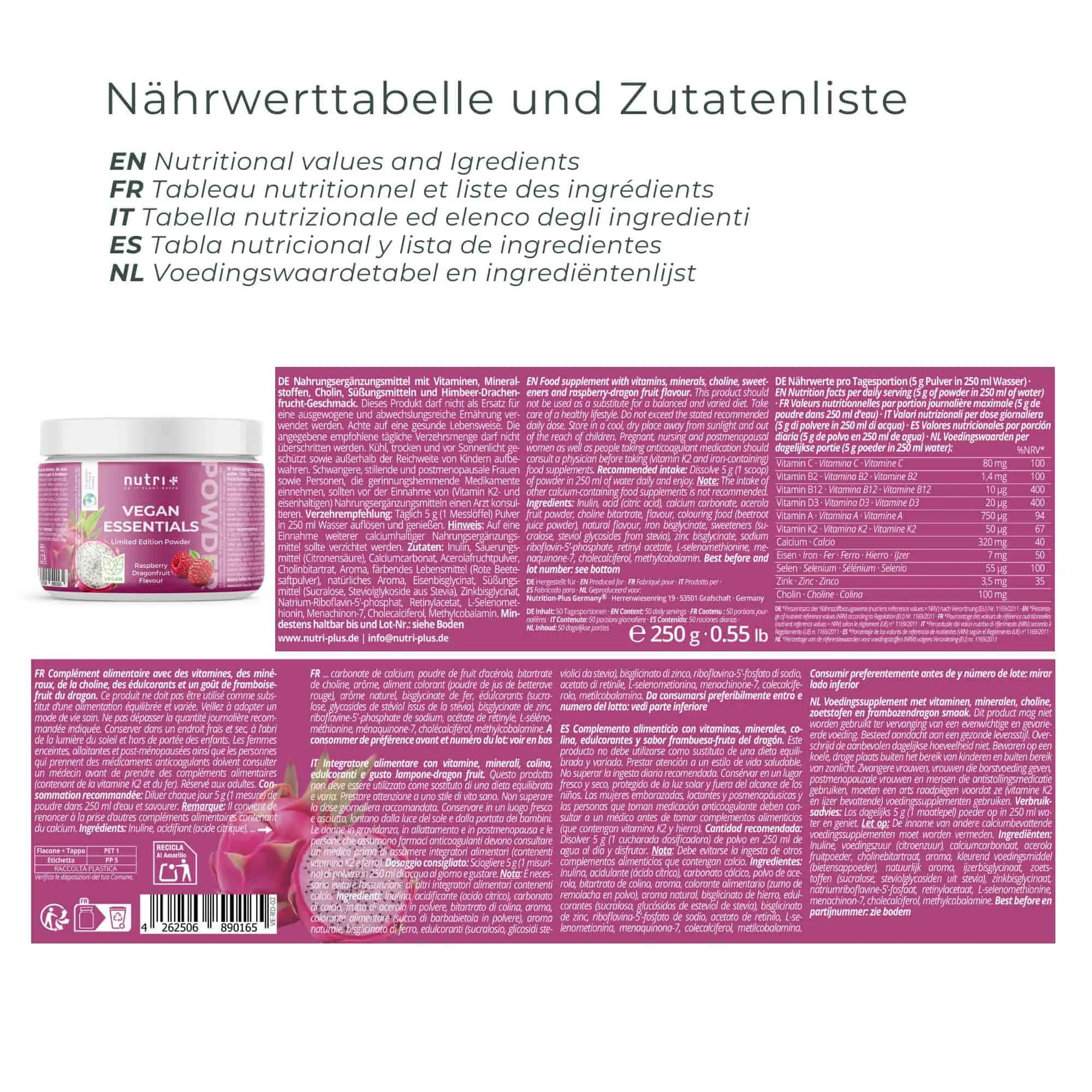 Nährwerttabelle und Zutatenliste des Vegan Essentials Pulvers Raspberry Dragonfruit in rosa Verpackung.