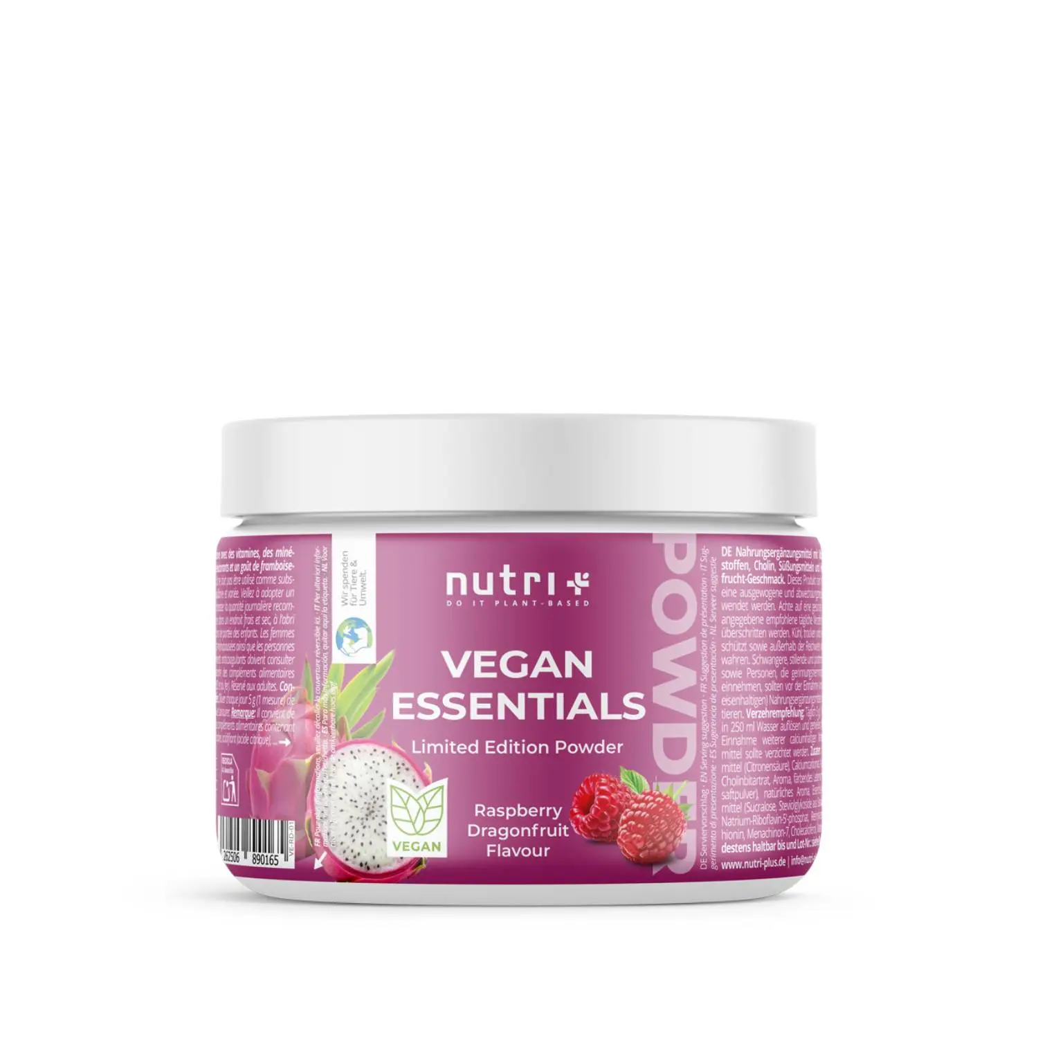 Vegan Essentials Pulver Raspberry Dragonfruit mit buntem Etikett in Rosa und weißer Verpackung.