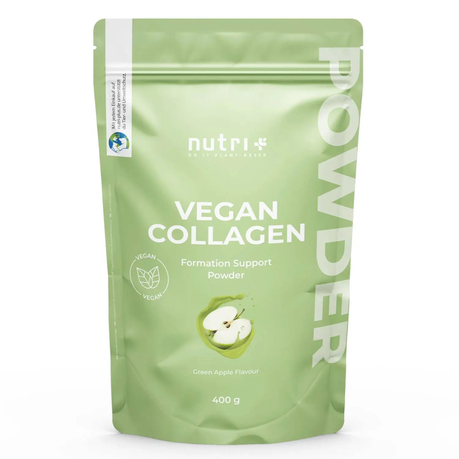 Verpackung des Vegan Collagen Formation Support Pulvers in Green Apple mit 400g Inhalt.