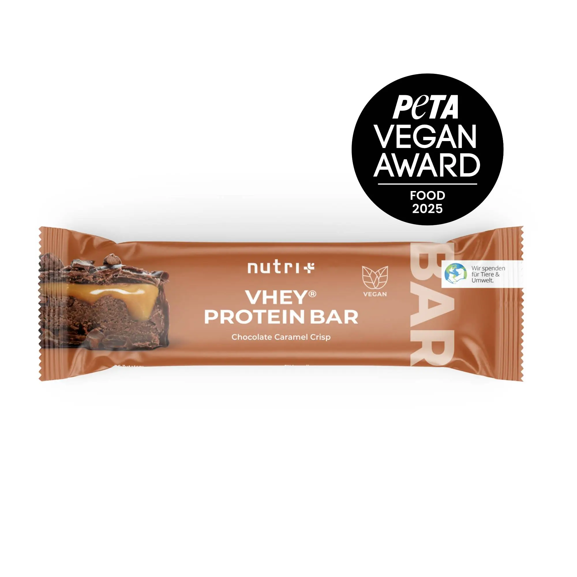 VHEY® Protein Bar in Schokoladen-Karamell-Crisp-Geschmack mit PETA Vegan Award 2025 Logo.