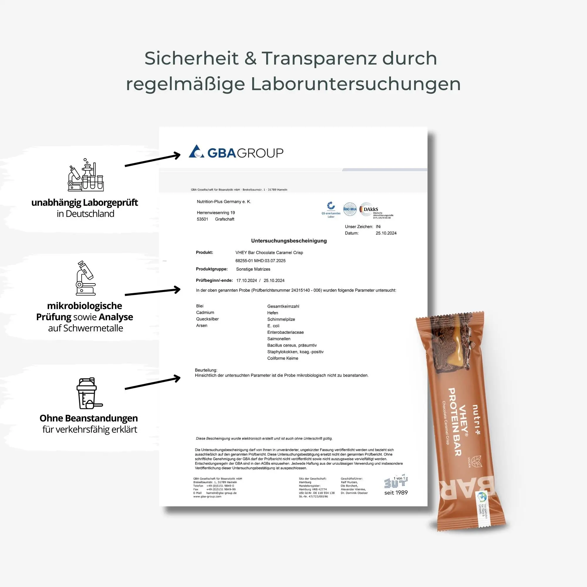 VHEY® Protein Bar neben einem Laborbericht zur Sicherheits- und Qualitätsprüfung der Inhaltsstoffe.