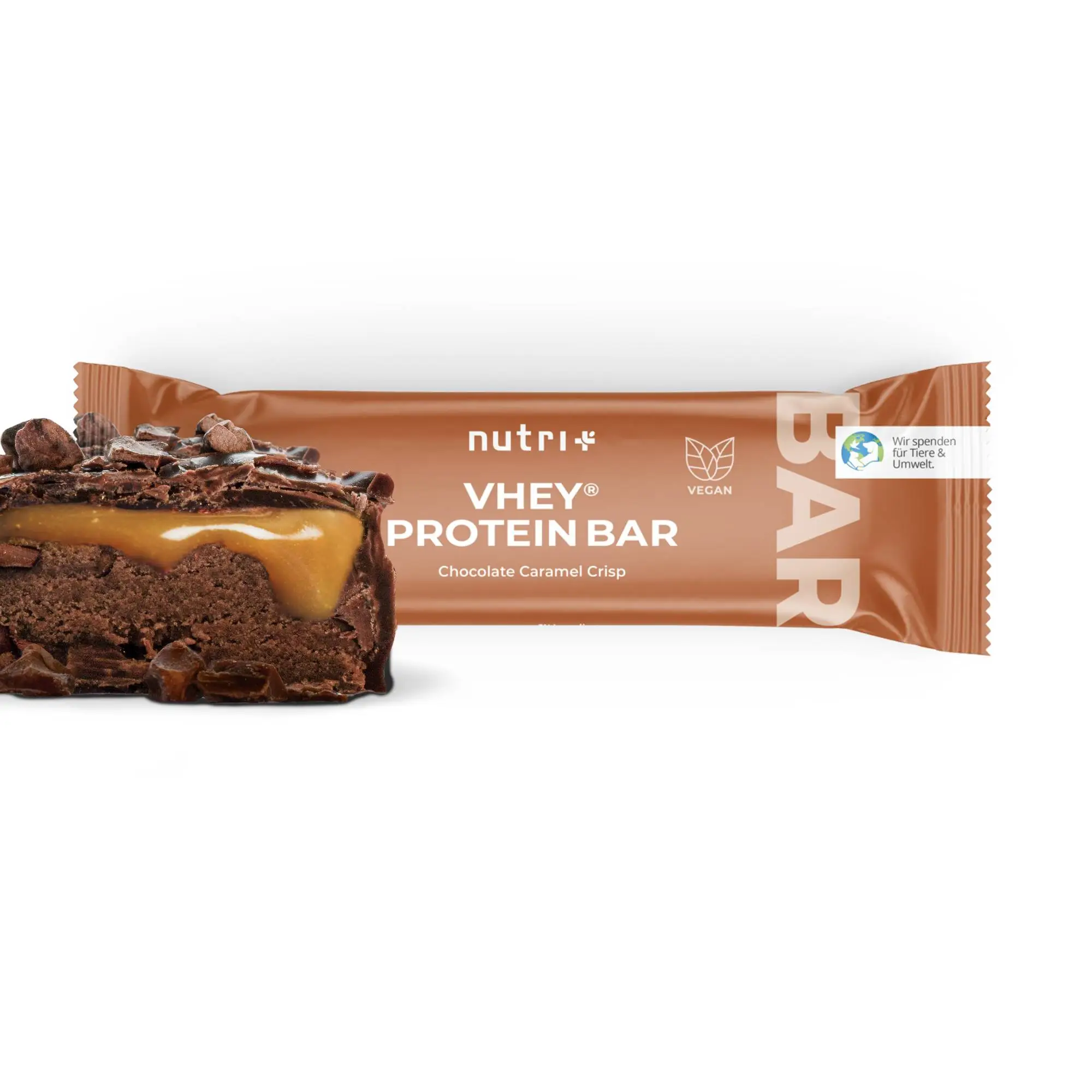 VHEY® Protein Bar mit schokoladiger Karamell-Crisp-Füllung, umhüllt von einer knusprigen Schokoladenschicht.