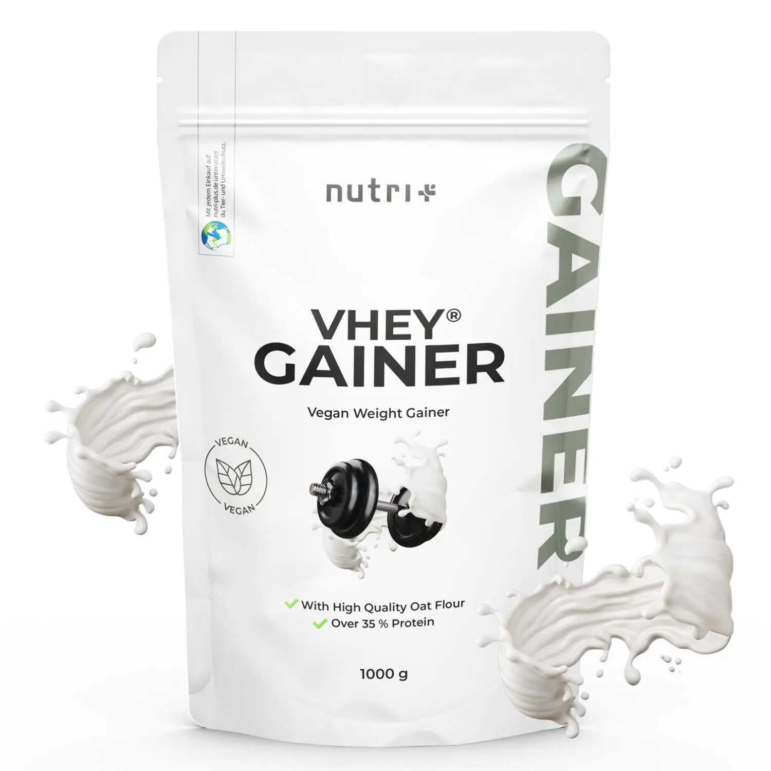 VHEY® Gainer Natural: Verpackung mit einem Kraftsport-Emblem und einer Weißen Flüssigkeit im Hintergrund.