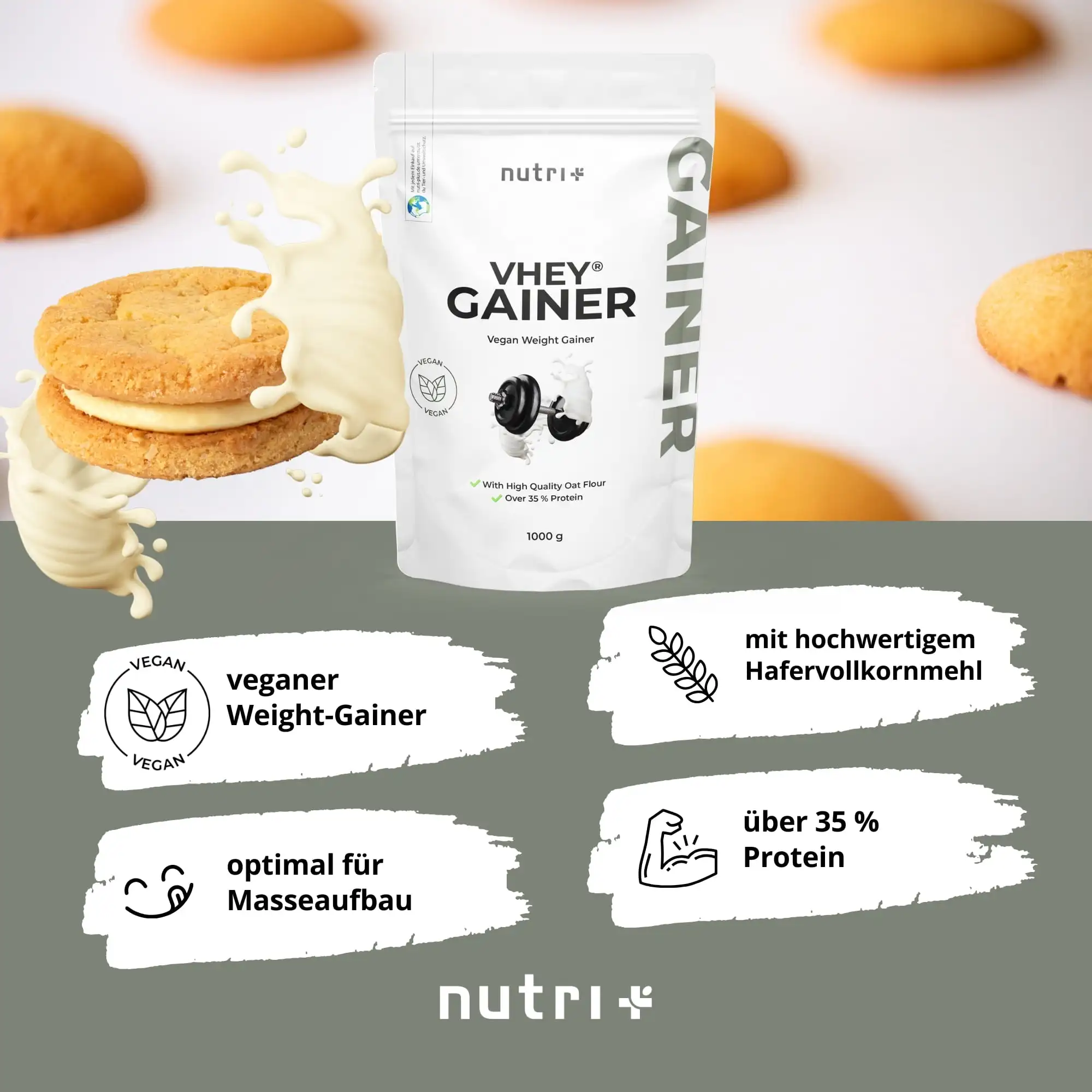 Verpackung von VHEY Gainer Vanilla Cookie mit Cookies und nahrhaften Informationen auf einem grauen Hintergrund.