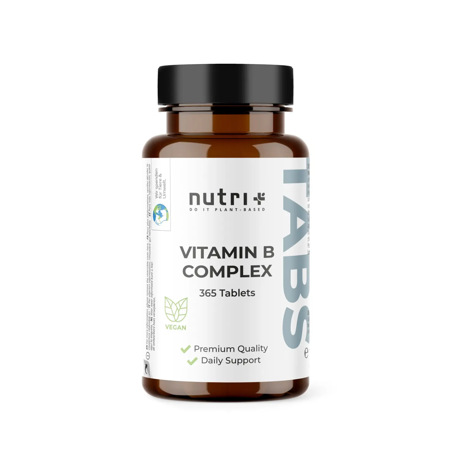 Braune Flasche mit Vitamin B Komplex Tabletten, 365 vegane Tabletten für tägliche Unterstützung.