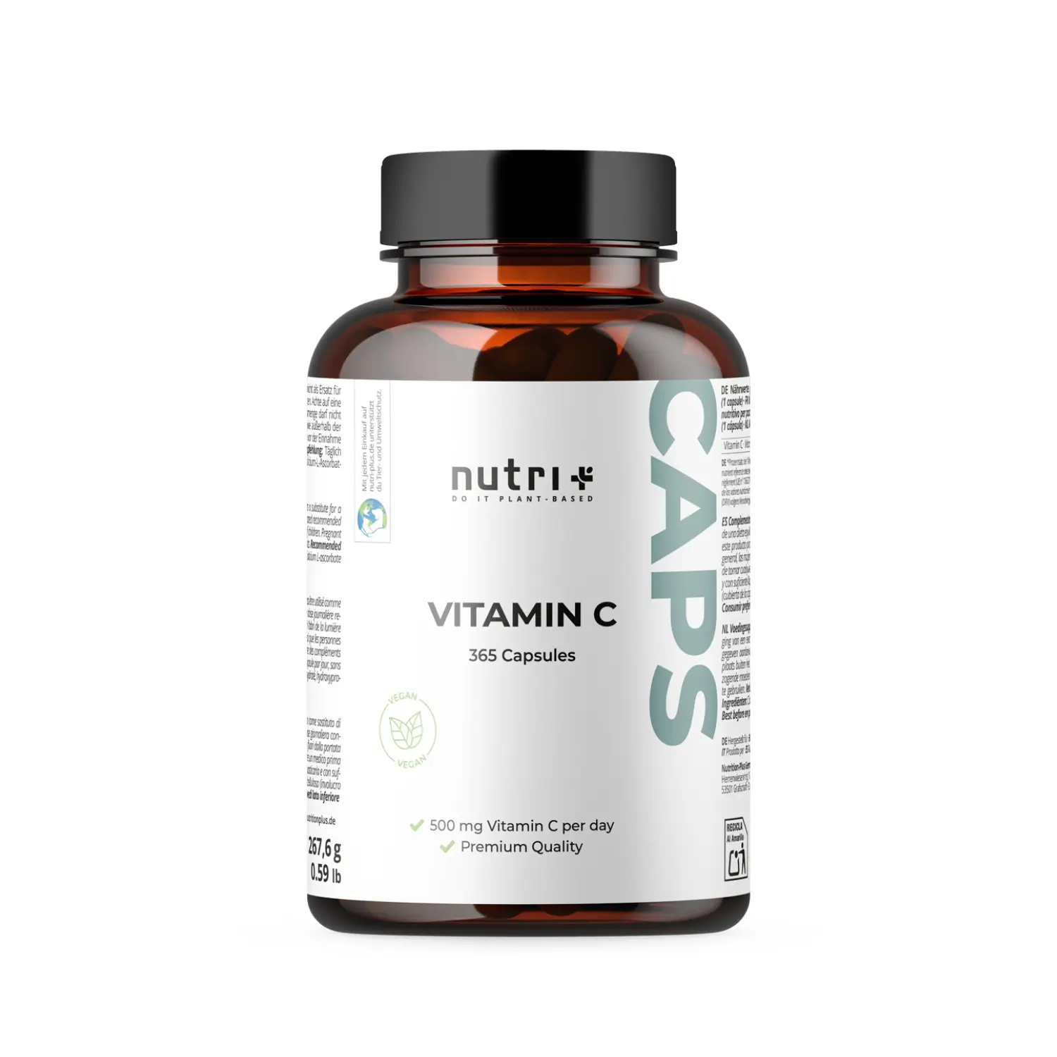 Flasche mit Vitamin C Kapseln (365 Stück) zur Supplementierung von Ascorbinsäure für die Gesundheit.